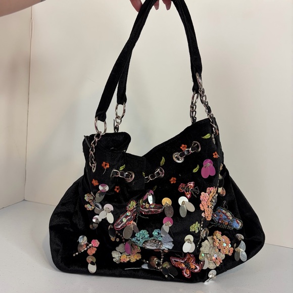 Y2K Black Velvet Sequin Butterfly Shoulder Bag Floral Beaded Boho Purse vintage - Picture 2 of 14
